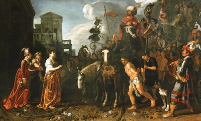 エフタは娘によって戦場から帰ってきました、 作： Pieter Lastman