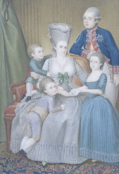 ウィレム 5 世 (1748 年 - 1806 年)、オレンジ ナッソー公、妻のプロイセンのフレデリカ ソフィア ヴィルヘルミナとその子供たち、フレデリカ ルイザ ヴィルヘルミナ、ウィレム フレデリク、ウィレム ジョージ フレデリク 作： Pieter Lesage
