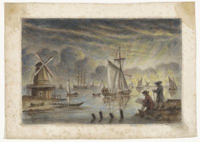 船、風車、製図工がいる海岸の景色 作： Pieter Louw (attributed to)