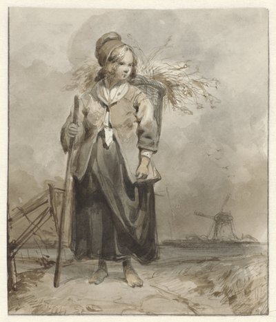 背中に棒とバスケットを持った立っている女性 作： Pieter Marinus van de Laar (attributed to)