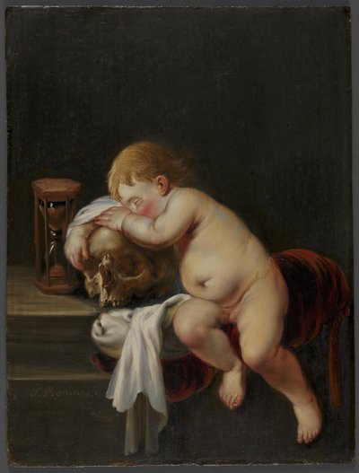 頭蓋骨の上で寝ている少年 作： Pieter Moninckx