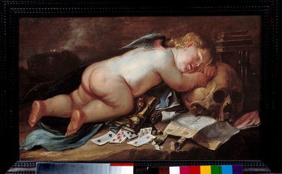 死の頭の上で眠るのが大好き。 Pieter Moninckx (1606 - 1686) Ec. による絵画 (Vanite) フラム。 作： Pieter Moninckx