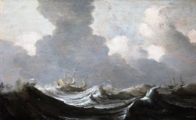 強風の前を走る4隻の船、1630年 作： Pieter Mulier the Elder