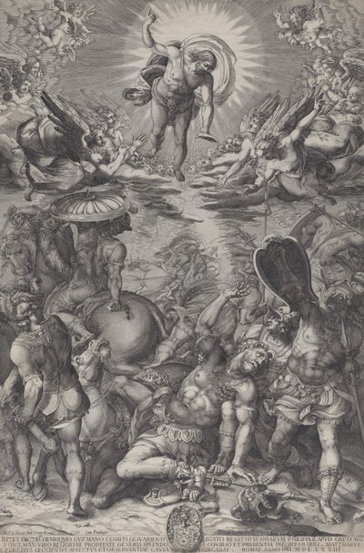 キリストのように馬と兵士に囲まれて地面に横たわっているサウルの回心...、1583 作： Pieter Perret