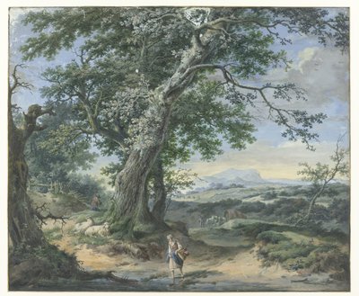 太い木々と人間のスタッフがいる丘陵の風景 作： Pieter Pietersz. Barbiers