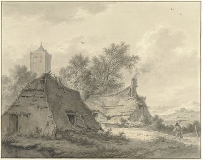 2 つの農家と教会の塔のある風景 作： Pieter Pietersz. Barbiers
