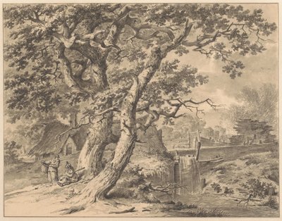 2 本の大木の下に滝がある風景 作： Pieter Pietersz. Barbiers