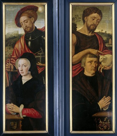 聖エイドリアヌスと洗礼者ヨハネの寄贈者の肖像画のあるトリプティクの 2 つの翼 作： Pieter Pourbus (attributed to)
