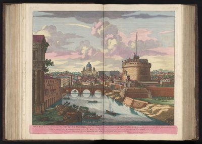 Engelenburcht、Sint-Pietersbasiliek en de rivier de Tiber アエリウス橋 (ハドリアヌス帝) と聖ミカエル城 (...) (オブジェクトのタイトル) 作： Pieter Schenk (I)