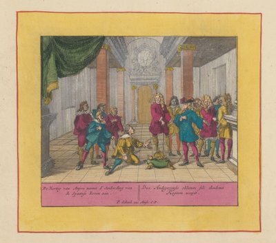 1700 年、アンジュー公フィリップがスペインの王冠を受け取る アンジュー公はスペイン王冠の申し出を受け入れる (...) (オブジェクトの称号) 戦争の劇場、チャールズ 2 世の始まり。 チャールズ3世まで。 IXに存在 作： Pieter Schenk (I)