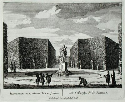 1715年以前に出版されたヤン・ファン・コール（1656-1703）の「Admirandorum Quadruplex Spectaculum」より、ファウヌスの泉のそばにある六角形の垣根（エングレーヴィング） 作： Pieter Schenk