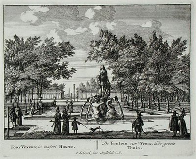 1715年以前に出版されたヤン・ファン・コール（1656-1703）の「Admirandorum Quadruplex Spectaculum」より、大庭園にあるヴィーナスの泉（彫刻）。 作： Pieter Schenk