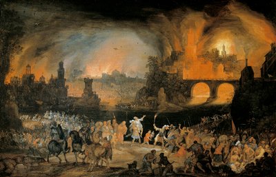 トロイの街の焼き討ち。 Pieter Shoubroeck (1570-1607) による絵画。 1606.美術史美術館 ウィーン オーストリア 作： Pieter Schoubroeck