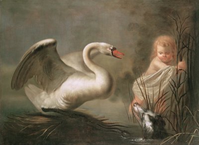 子供とスパニエルから巣を守る白鳥 作： Pieter Snyers