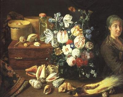 静物、花、貝、蛇、鳥、立つ女性 作： Pieter Snyers