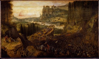 ペリシテ人とイスラエル人の戦い：サウルとその従者は剣を投げつけられる。(画 作： Pieter Bruegel the Elder
