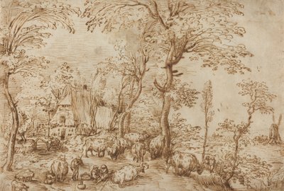 農家の近くの農民と牛、1553-54年頃（紙にペンと茶色のインク） 作： Pieter Bruegel the Elder