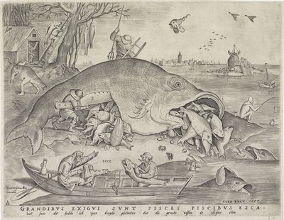 大きな魚が小さな魚を食べる。ピーターファンデルハイデンが刻んだ1557 作： Pieter The Elder after Brueghel
