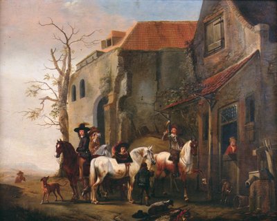 インのドアでライダーと馬 作： Pieter Wouwermans or Wouwerman