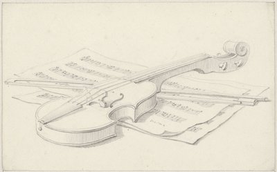 バイオリン、弓、楽譜のある静物画 作： Pieter de Goeje