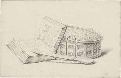 本、レターオープナー、小さなかごの静物画 作： Pieter de Goeje
