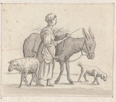 ロバ、羊、犬を連れた女性 作： Pieter de Goeje
