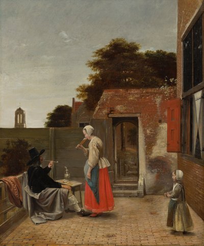 中庭で喫煙する男性と飲酒する女性、1658〜60年頃 作： Pieter de Hooch