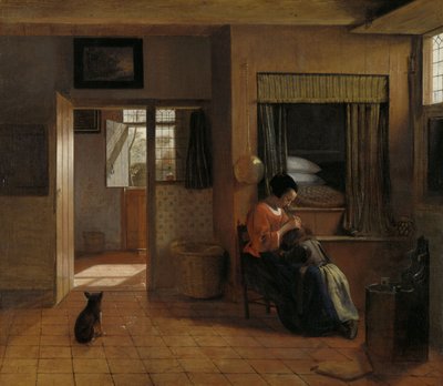 「母の義務」として知られる、彼女の子供の髪を害する母親。c.1658-60 作： Pieter de Hooch