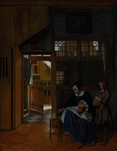 少年のためにパンとバターを準備する女性、1660年頃 作： Pieter de Hooch