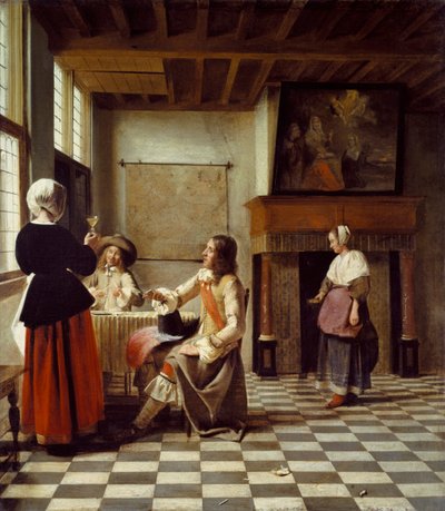 インテリア、2人の男性と一緒に飲む女性、および1度のメイド 作： Pieter de Hooch