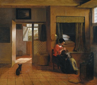 「母の仕事」として知られている、母親が子供の髪を掃除している内部の部屋 作： Pieter de Hooch