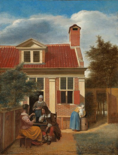 家の裏の中庭の人物 家の裏の中庭にいる 3 人の女性と 1 人の男性 作： Pieter de Hooch