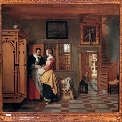 リネン箪笥の横の女性のいるインテリア 作： Pieter de Hooch