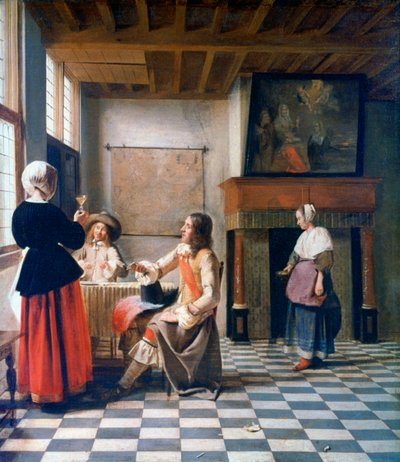 インテリア、2人の男性と飲む女性、および女中、c1658 作： Pieter de Hooch