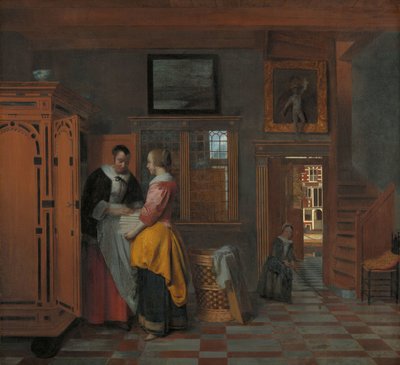 リネンの戸棚の横に女性がいるインテリア リネンのチェストの横に女性がいるインテリア 作： Pieter de Hooch