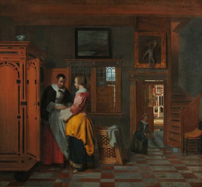 リネンの戸棚の横に女性がいるインテリア 作： Pieter de Hooch