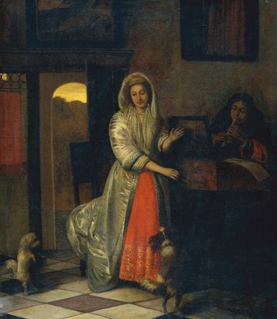 踊る犬と一緒に音楽を作る紳士淑女 作： Pieter de Hooch
