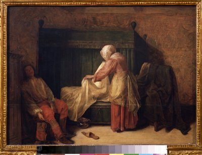 ""The Morning of a Young Man"" (The Morning of a Young Man) メイドがベッドを整えている間、若い男が目を覚ます準備をしている。 床には、スリッパと便器。 Pieter de Hooch (1629-1684) による絵画 1655-1657 プーシキン美術館、モスクワ 作： Pieter de Hooch