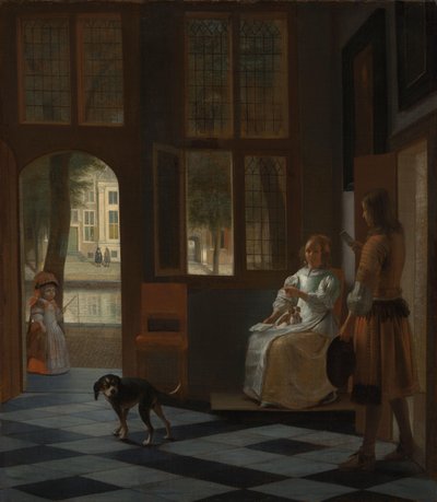 家の玄関ホールで女性に手紙を渡す男性 作： Pieter de Hooch