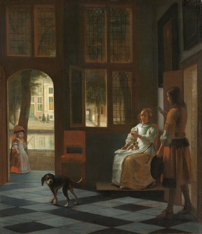 家の玄関ホールで女性に手紙を渡す男、1670 作： Pieter de Hooch