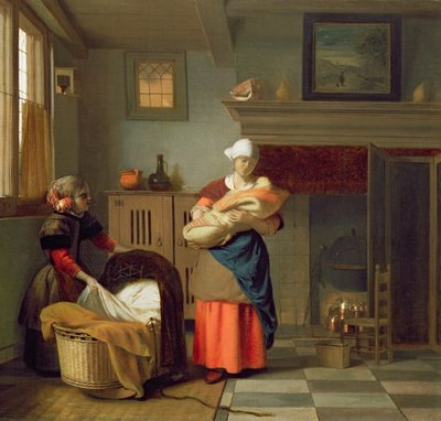 インテリアの赤ちゃんとクレードルを準備する若い女の子の看護婦 作： Pieter de Hooch