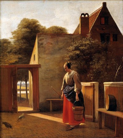 オランダの町の中庭にいるメイド ペーター・ホーホー（1629-1681）の絵 17世紀 個人蔵 作： Pieter de Hooch