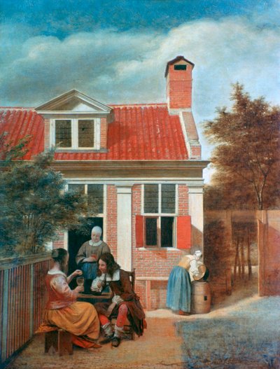 家の背後にある中庭の3人の女性と男性、c1657-1659 作： Pieter de Hooch