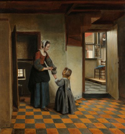 パントリーに子供を持つ女性、c.1656-60（キャンバスに油彩） 作： Pieter de Hooch