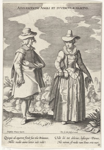 Paar, gekleed volgens de Engelse mode, ca. 1610 思春期の英語と英語の習慣 (オブジェクトのタイトル) Kostuums uit verschiedelden landen (シリーズタイトル) 各国の装飾品（連載タイトル） 作： Pieter de Jode (I)