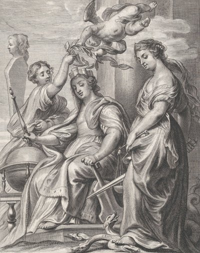 善政の寓話、中央に座り、プットとウーで冠をかぶっている。 1640-74。 作： Pieter de Jode II