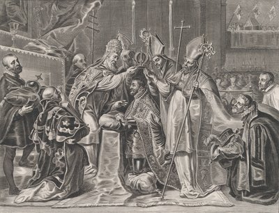 プレート 24: ウィリアム ベカヌスの「Serenissimi P..., 1636」より、教皇によって皇帝に戴冠したカール 5 世。 作： Pieter de Jode II