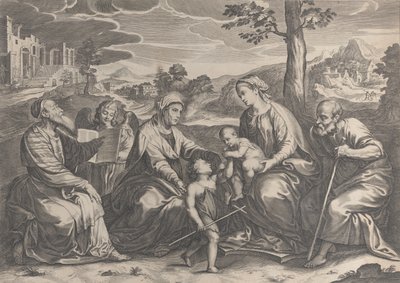 右側の聖家族、幼子の洗礼者聖ヨハネ、エリザベート、ザカリアス、...、1631-37年。 作： Pieter de Jode II