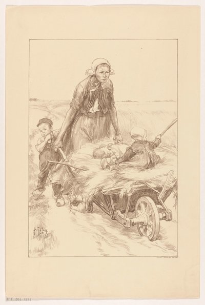 干し草と 2 人の子供と一緒に手押し車を押す農家の妻 作： Pieter de Josselin