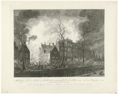 1779年、ロッテルダムのPottebakkerssteegでの火災 画像、ヴァン・デン・ブランド、ロッテルダムで11日。 1779 年 3 月。ファン デン マースのシルクが展示されています (オブジェクトのタイトル)。 作： Pieter de Mare